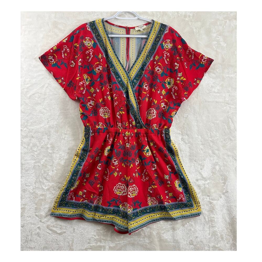 Umgee Red Floral Romper Shorts L Boho Beachy Pockets Fun